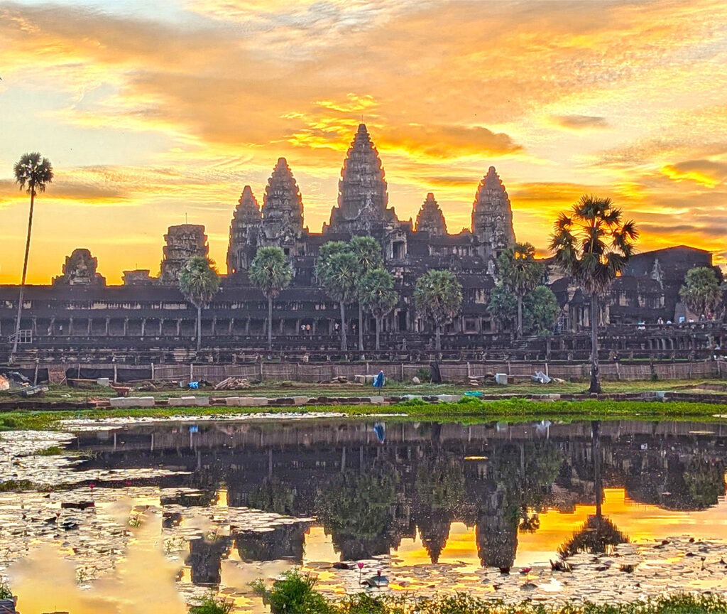 The spectacular sunrise view over the Angkor Wat Temple
