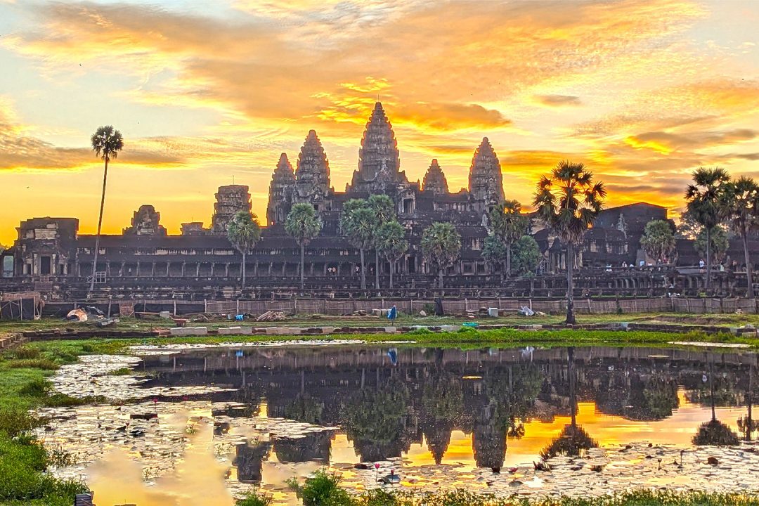 A spectacular sunrise view from northern pond of Angkor Wat Temple